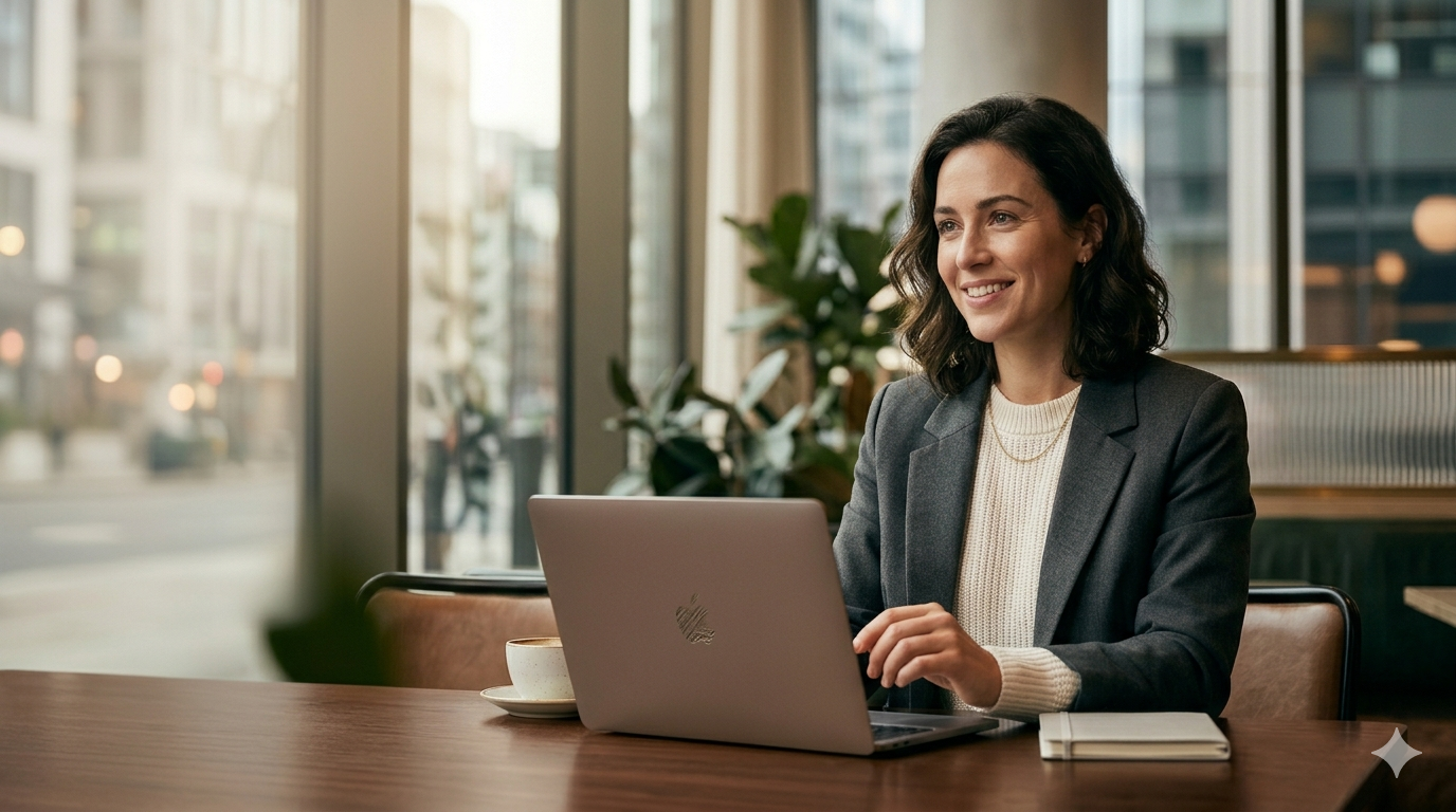 Profissional sorrindo trabalhando em notebook em escritório moderno